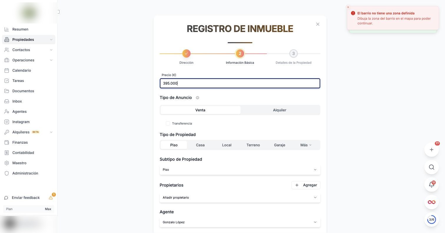 El precio se formatea solo mientras escribes: tecleas 395000 y se ve 395.000.